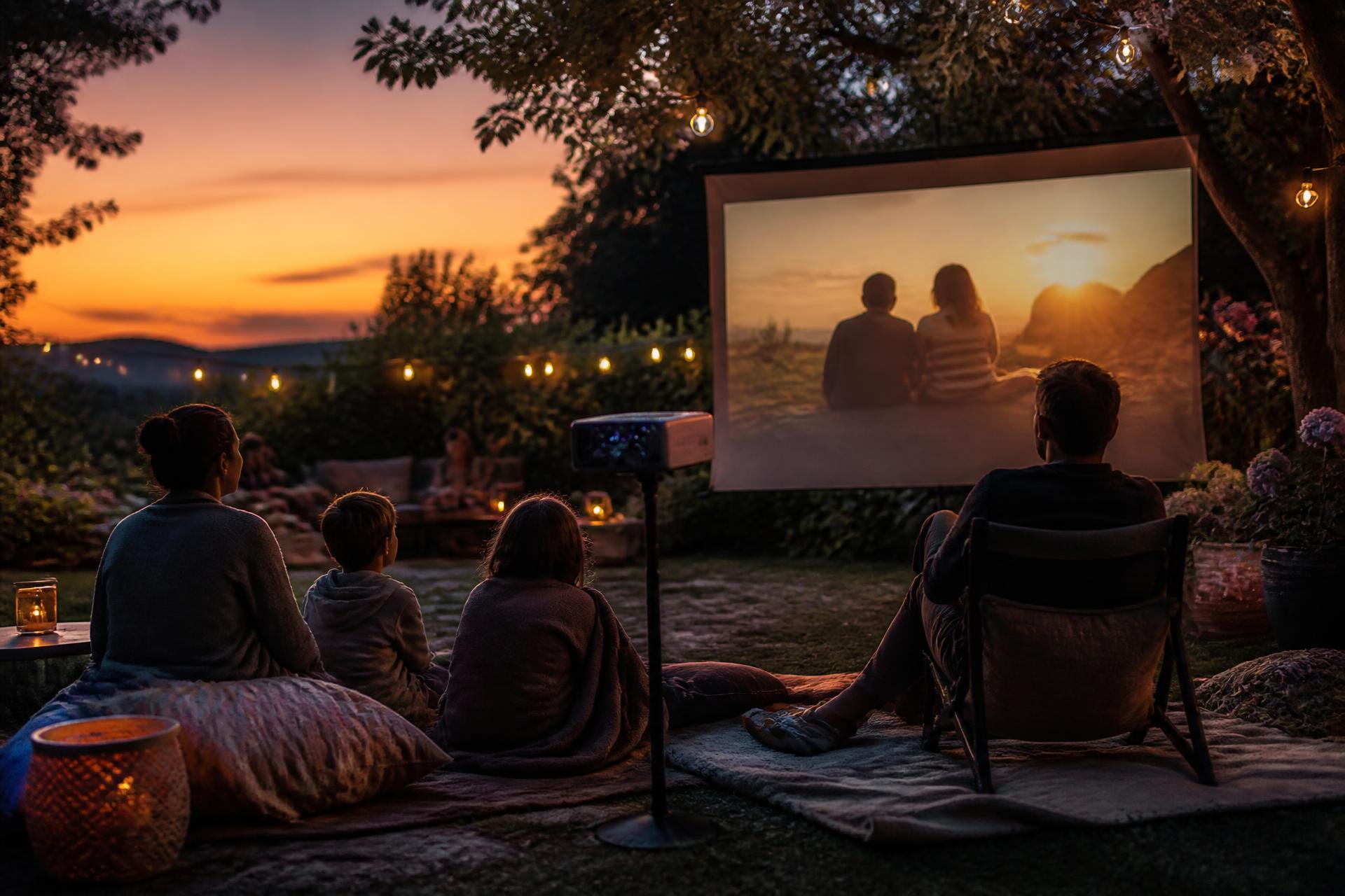 Familie schaut bei Sonnenuntergang einen Film auf einer MUZEE Leinwand im Garten